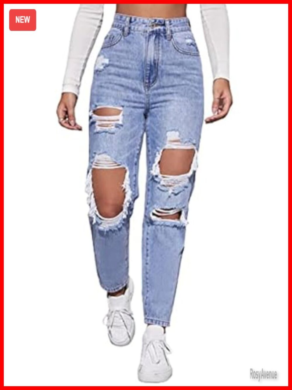 High Waist Straight Leg Ripped Jeans Distressed Denim Pants